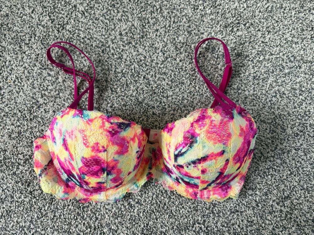 Victorias Secret PINK Date Push Up Tie Dye Lace Bra 34C Pink Yellow Blue